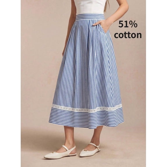 Blue And White Womens 51% Cotton A-Line Midi Skirt With Lace Hem And Side Pocket