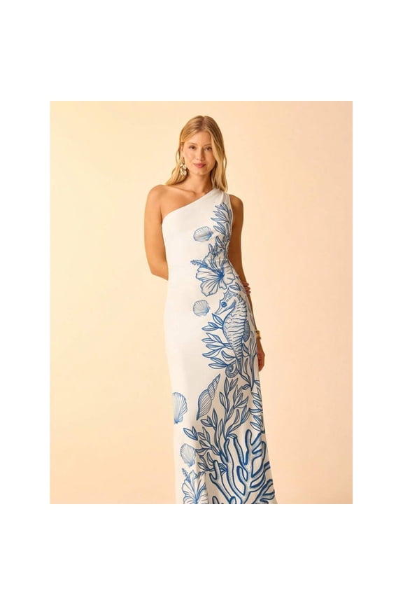 Blue And White Womens Boho Tropical Seahorse Coral Shell Print One-Shoulder Ruched Maxi Vacation Dress