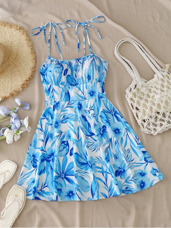 Blue And White Womens Spaghetti Strap Tie-Up Ditsy Floral Mini Sundress