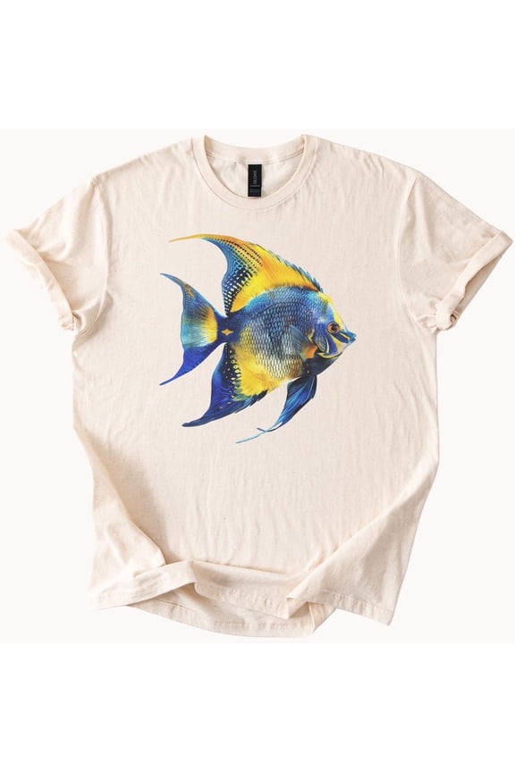 Blue And Yellow Angelfish Graphic Tee Ocean Fish Lover Tshirt Tropical Sea Life Clothing Birthday Gifts; For Men & Women