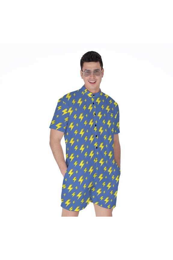 Blue And Yellow Lightning Pattern Short Sleeve Men'S Rompers Casual Summer Jumpsuits Outfit