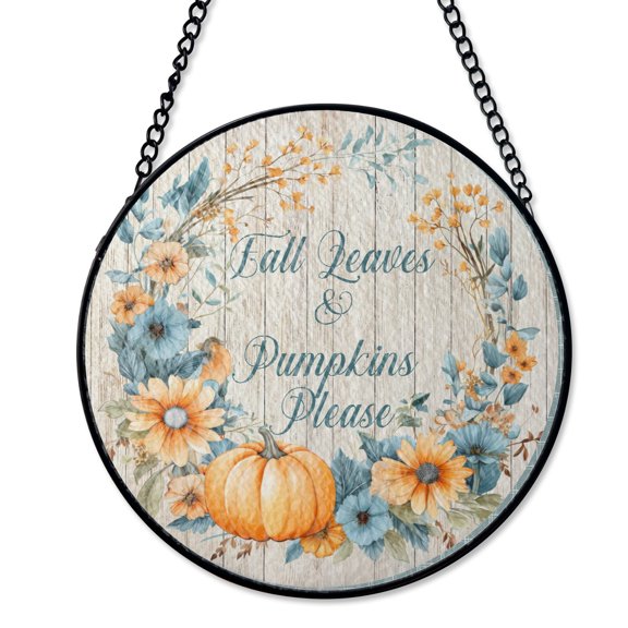 Blue And Yellow Pumpkins Stained Glass Style Suncatcher, UV Printed Glass, Autumn Harvest Thanksgiving Decor, Round