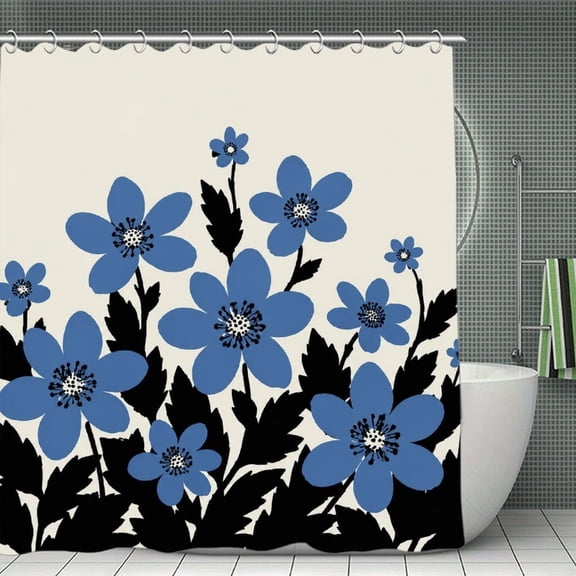 Blue Anemone Garden Print Shower Curtain,Cloth Fabric Waterproof Polyester Bathroom Home Decor Set with Hooks 70.8×70.8Inch