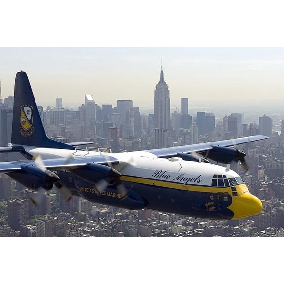 Blue Angels Fat Albert C-130 Over New York City Style - B - 24x36 Inch Glossy Laminated Aviation Poster - Stunning Detail and Bold Colors