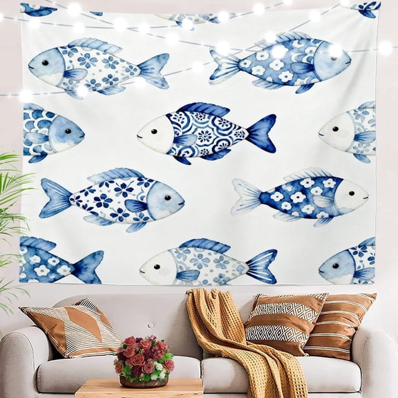 Blue Animal Fish Tapestry, White Large Wall Hanging Polyester Tablecloths Tapestry Bedroom Room Living Room Dorm 30 X 40 Inches