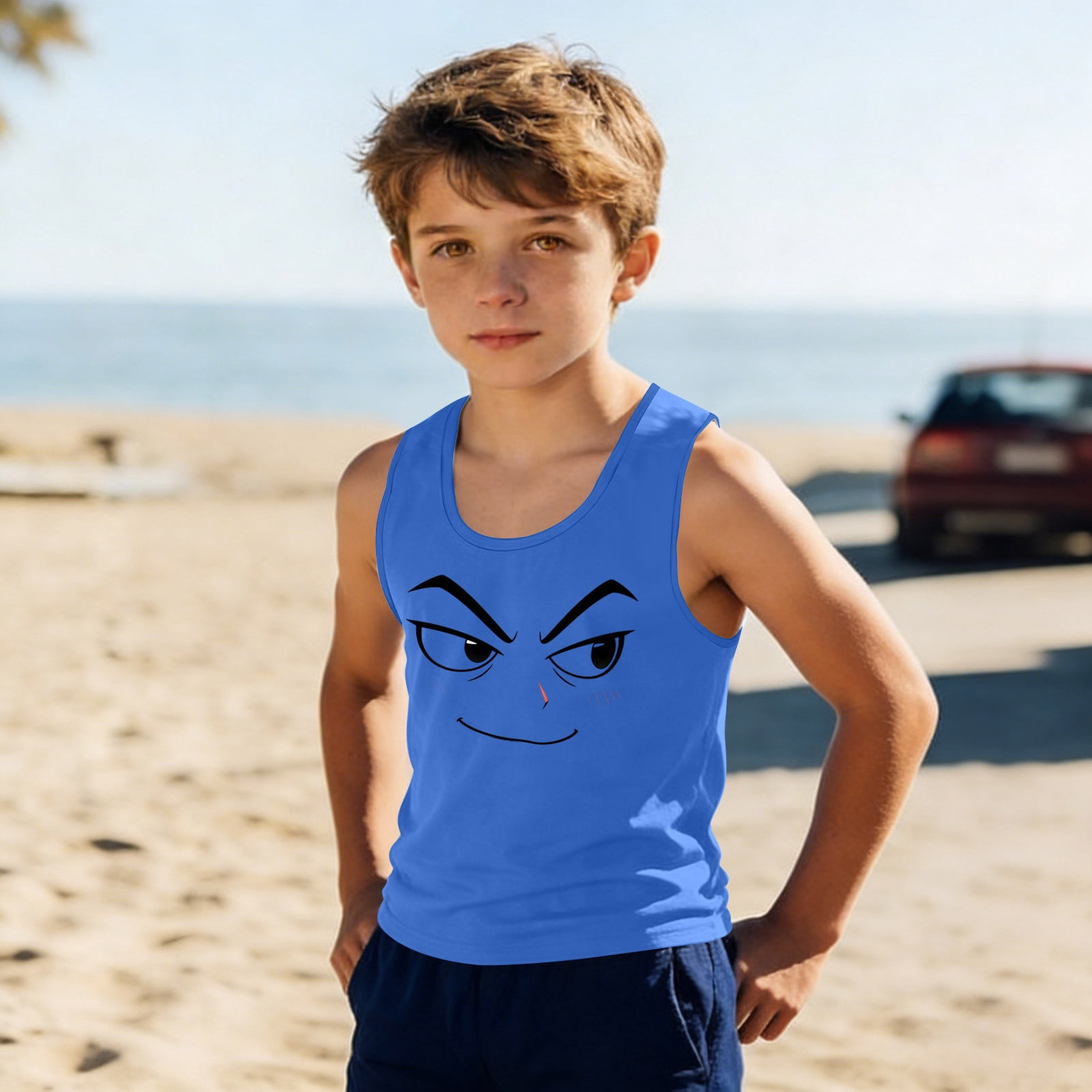 Blue Anime Inspired Graphic Tank Top for Boys - Cartoon Face Sleeveless ...