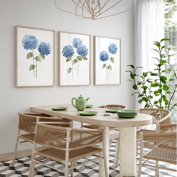 Blue Annabelle Hydrangea Arrangement Minimalist Floral Prints Set 3