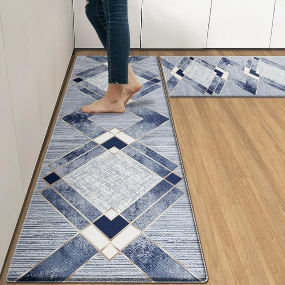 Blue Anti-Fatigue Kitchen Rug Set of 2 Navy Grey Geometric Gold Line Vintage Cushioned Kitchen Floor Standing Mat Waterproof Non-Slip Kitchen Mat and Rugs PVC Ergonomic Comfort Foam Rug