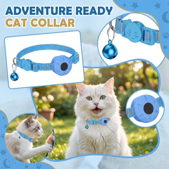 Blue Anti-Lost Cat Neckwear, Cat Collar Airtag Holder, Cat Collar with Tracker, Cat Collar with Bells, 8X13 in Adjustable Strap Cat Gps Locator Protective Sleeve Collar with