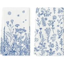 Blue Antique Herbs Wild Flowers Leaves Spring Kitchen Towels Dish Towels, 18x26 Inch Seasonal Decoration Hand Towels Set of 2