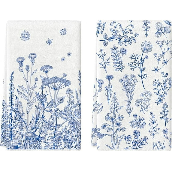 Blue Antique Herbs Wild Flowers Leaves Spring Kitchen Towels Dish Towels, 18x26 Inch Seasonal Decoration Hand Towels Set of 2
