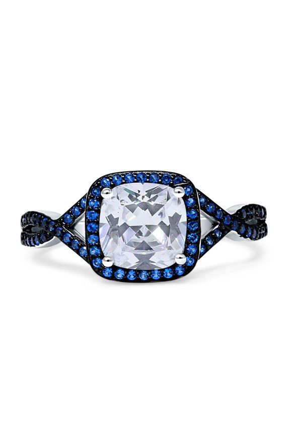 Blue Apple Co. Halo Cushion Side Stone Blue Sapphire Engagement Ring Cubic Zirconia 925 Sterling Silver