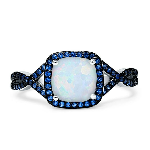 Blue Apple Co. Halo Cushion Side Stone Blue Sapphire Engagement Ring White Opal 925 Sterling Silver