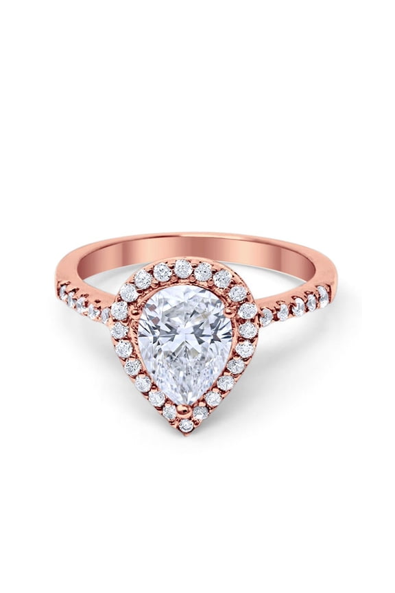 Blue Apple Co.Halo Teardrop Bridal Filigree Women Ring Rose Tone, Simulated CZ 925 Sterling Silver