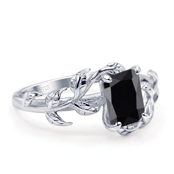 Blue Apple Jewelry Co. Art Deco Women Engagement Ring Natural Leaf Emerald Black 925 Sterling Silver