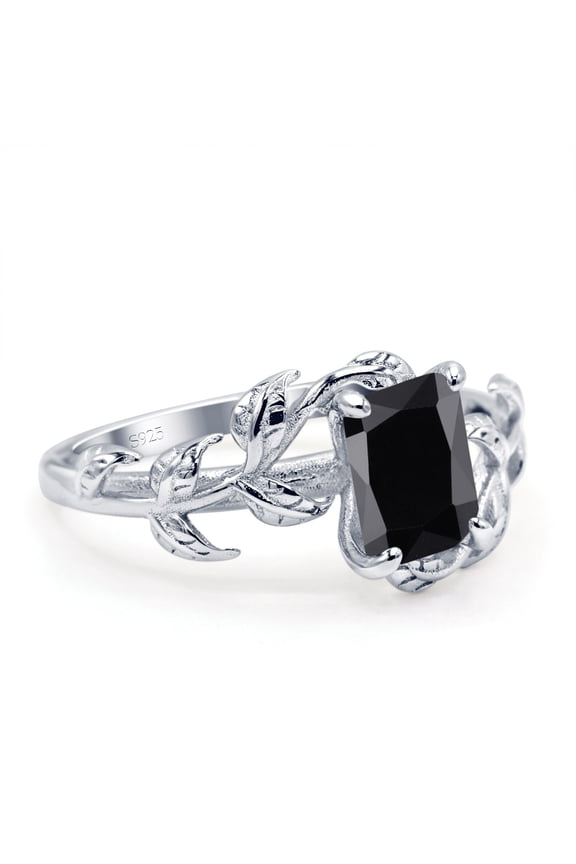 Co. Art Deco Women Engagement Ring Natural Leaf Emerald Black 925 Sterling Silver