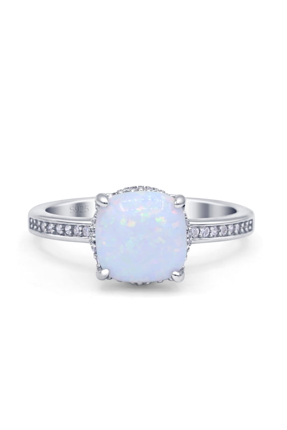 Co. Elegant Hidden Halo Cushion Engagement Ring White Opal 925 Sterling Silver