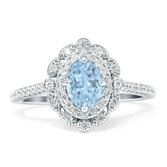 Blue Apple Jewelry Co. Floral Oval Vintage Women Engagement Ring Aquamarine 925 Sterling Silver