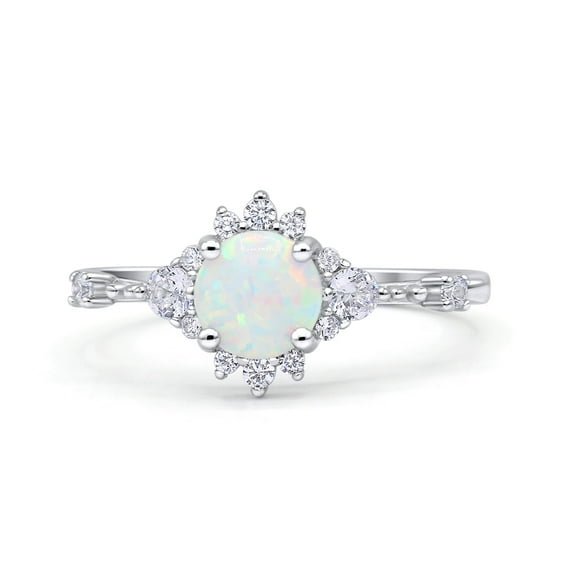 Blue Apple Jewelry Co. Halo Art Deco Rhodium Round Lab Created Opal Ring 925 Sterling Silver Size 7