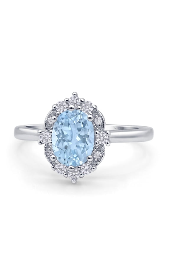 Co. Halo Ballerina Style Oval Women Engagement Ring Aquamarine 925 Sterling Silver