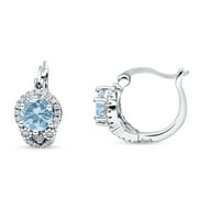 BLUE APPLE JEWELRY Co.Halo Round Huggie Hoop Women Earrings Simulated Aquamarine 925 Sterling Silver