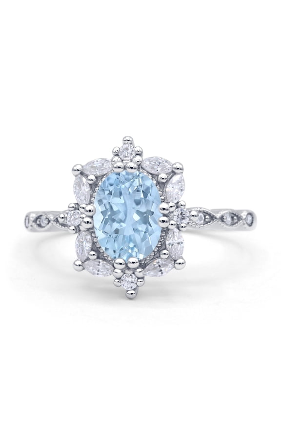 Co. Oval Halo Ballerina Women Engagement Ring Aquamarine 925 Sterling Silver
