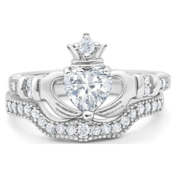 Blue Apple Jewelry Co. Two Piece Claddagh Ring Band Heart Cubic Zirconia 925 Sterling Silver