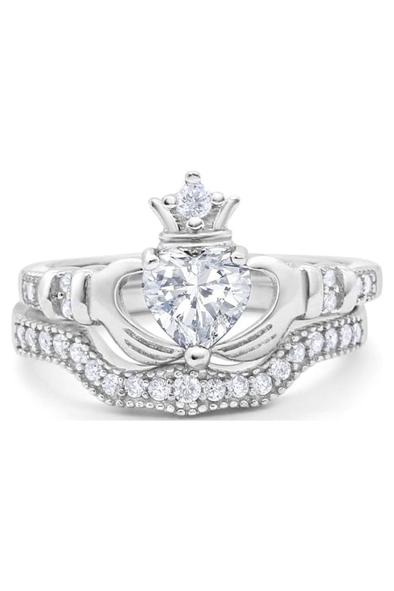 Co.Two Piece Claddagh Women Ring Band Heart Cubic Zirconia 925 Sterling Silver