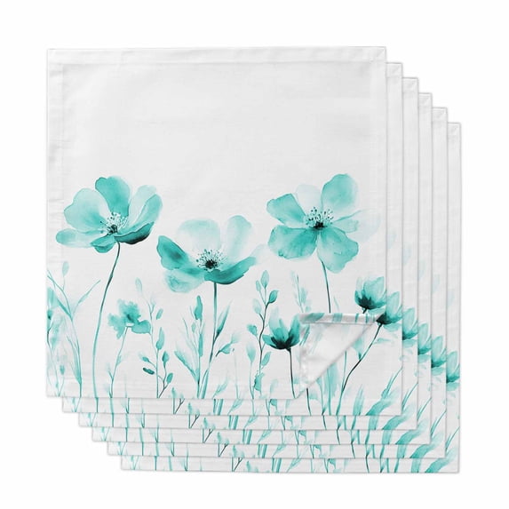Blue Aqua Flower Cloth Napkins, White Floral Plant Herb Botanical Washable and Reusable Dinner Napkins Set of 6, Table Napkin for Kitchen Party Birthday Wedding Hotel Housewarming 20"x20"