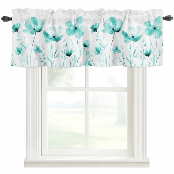 Blue Aqua Flower Curtain Valances for Windows, Kitchen Valance Window Treatment, White Floral Plant Herb Botanical Light Filtering Block Curtains for Bathroom/Bedroom/Living Room 42'' x 18''