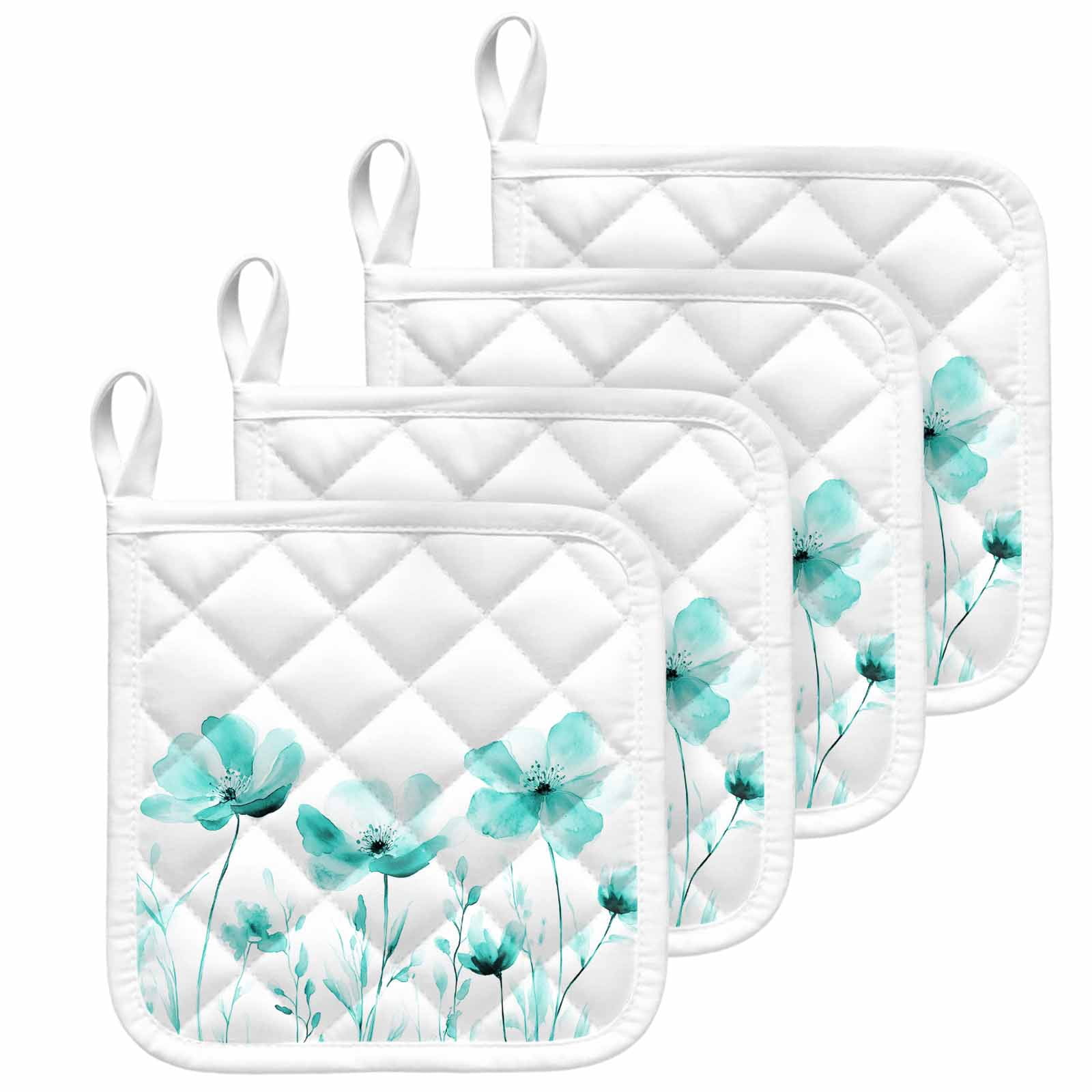 Blue Aqua Flower Pot Holders for Kitchen Heatproof Potholder, 4 Pack White Floral Plant Herb Botanical Hot Pads Multipurpose Oven Pads Cloth Potholders Trivet for Cooking and Baking