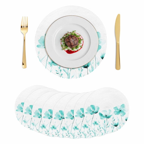 Blue Aqua Flower Round 15 Inch Placemats Set of 8, White Floral Plant Herb Botanical HeatResistant Non Slip Place Mats for Dining Table, Wipeable Braided Kitchen Table Mats for Housewarming