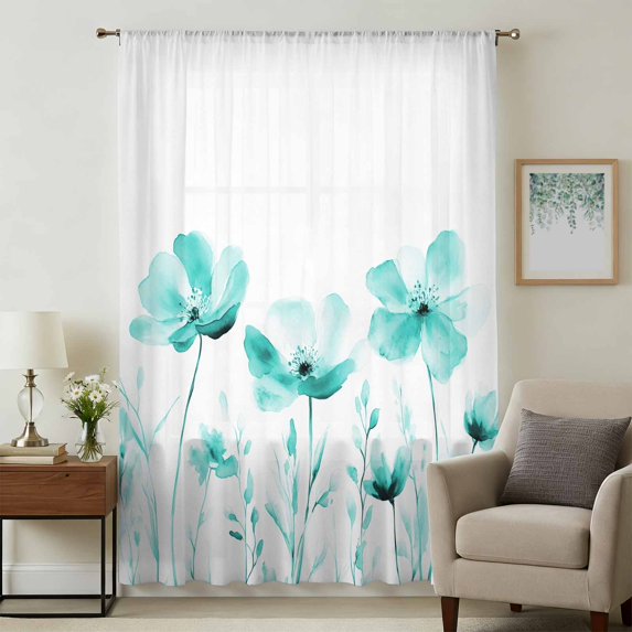 Blue Aqua Flower Sheer Curtains 54 Inches Long, White Floral Plant Herb Botanical Light Filering Curtains, Breathable Simi Curtain Privacy Drapes for Kitchen Bathroom Small Window Treatment