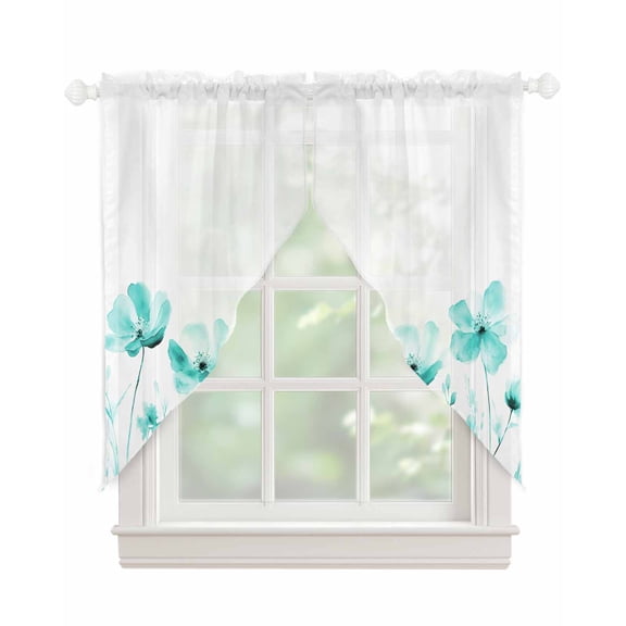 Blue Aqua Flower Swag Valances for Windows, White Floral Plant Herb Botanical Rod Pocket Sheer Valances for Large Windows, Swag Toppers Light Filtering for Kitchen Living Room 2 Panels 36''x63''