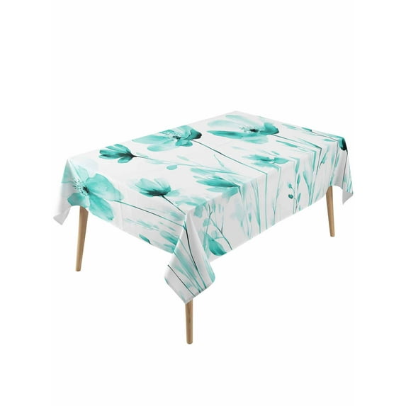 Blue Aqua Flower Table Cloth, White Floral Plant Herb Botanical Waterproof Tablecloth for Rectangle Tables, Reusable Washable Fabric Table Cover for Restaurant Kitchen Dining Tables 60"x120"