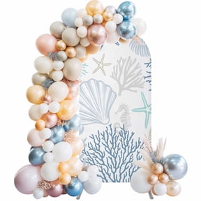 Blue Aqua Grey Coastal Arch Backdrop Cover, Spandex Fitted Wedding Arch Cover, Summer Beach Coral Shell Starfish Round Top Stand Covers for Birthday Ceremony Bridal Shower Party Decor 7.2x4 Ft