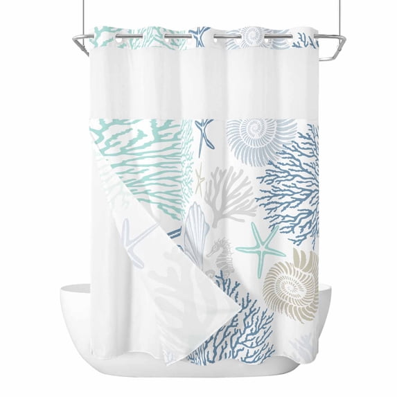 Blue Aqua Grey Coastal No Hook Shower Curtain Waterproof,Bathroom Curtains with Snap in Liners and See Through Top Window,Summer Beach Coral Shell Starfish Hotel Bathtub Curtains Shower 48"Wx72"L
