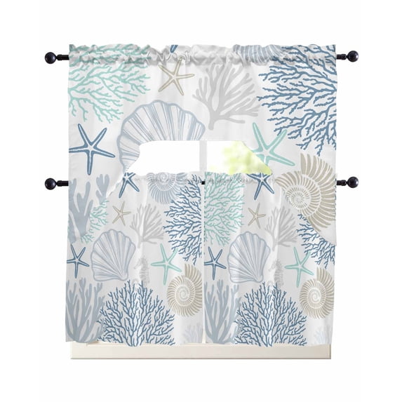 Blue Aqua Grey Coastal Kitchen Curtains Set for Windows 3 Piece Cafe ...