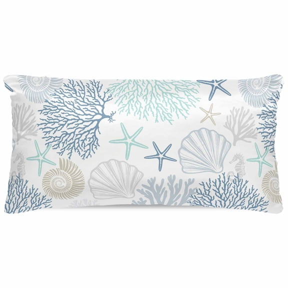 Blue Aqua Grey Coastal Satin Pillowcase for Hair and Skin with Zipper, Soft Breathable Cooling Silk Pillow Cases, Summer Beach Coral Shell Starfish Throw Pillow Covers King Size 20"x40"