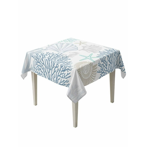 Blue Aqua Grey Coastal Table Cloth, Summer Beach Coral Shell Starfish Waterproof Tablecloth for Square Tables, Reusable Washable Fabric Table Cover for Restaurant Kitchen Dining Tables 54"x54"