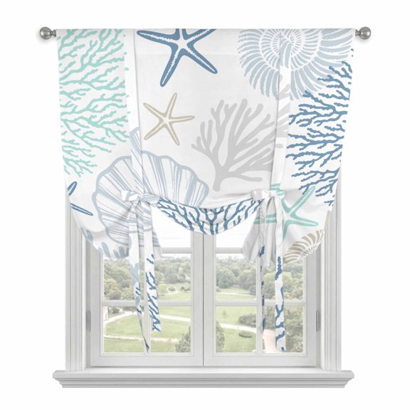 Blue Aqua Grey Coastal Tie Up Curtains for Small Windows,Adjustable Rod Pocket Valance 45 Inch Short, Summer Beach Coral Shell Starfish Window Treatment Balloon Roman Blind Shade, 34" x 45"