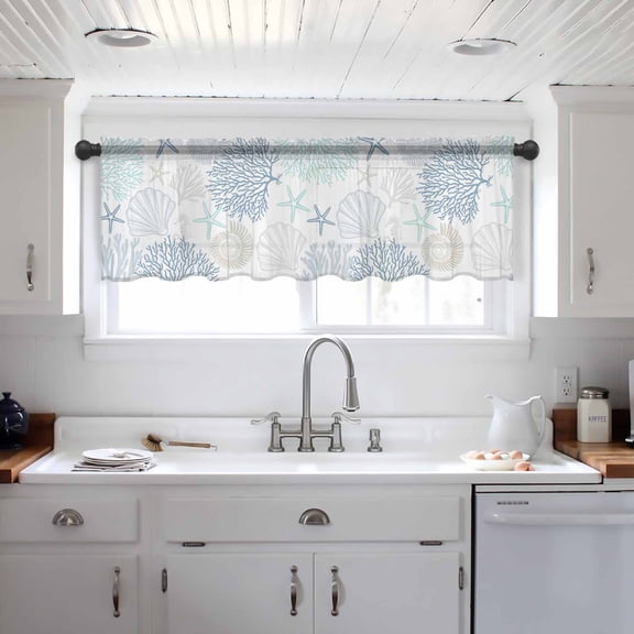 Blue Aqua Grey Coastal Valance Curtains for Kitchen/Living Room/Bathroom/Bedroom Window, Summer Beach Coral Shell Starfish Rod Pocket Small Topper Half Short Window Curtains Sheer Scarf 42"x18"