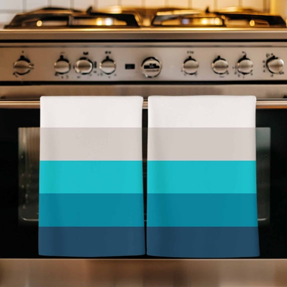 Blue Aqua Ombre Kitchen Towels Set of 3, Modern Abstract Art Farmhouse Striped Absorbent Dish Towels for Kitchen, Microfiber Hand Towel, Quick Drying Tea Towel for Cleaning Decorative Dishcloths