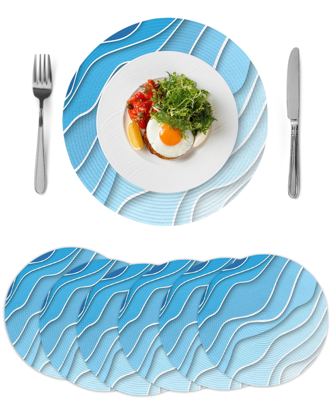 Blue Aqua Ombre Round 13 Inch Placemats Set of 6, Modern Geometric ...