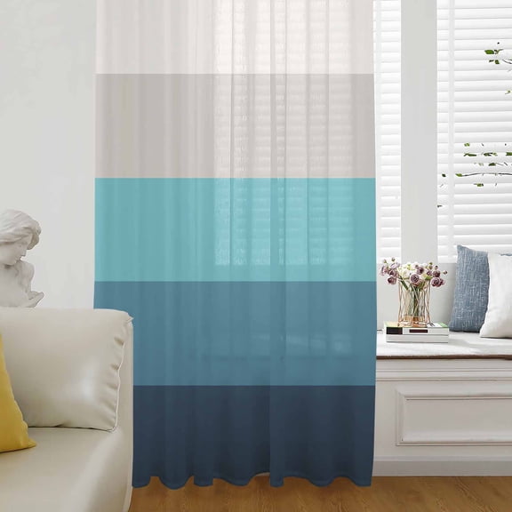Blue Aqua Ombre Semi Sheer Curtains Drapes for Living Room, Bedroom, French Doors Window 45 Inches Long, Modern Abstract Art Farmhouse Striped Rod Pocket Chiffon Curtain Drapery Voile Drape Panel