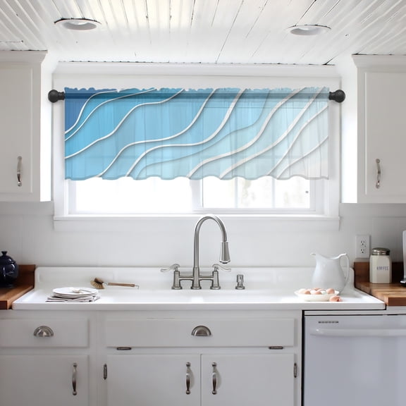 Blue Aqua Ombre Valance Curtains for Kitchen/Living Room/Bathroom/Bedroom Window, Modern Geometric Abstract Aesthetic Cream Rod Pocket Small Topper Half Short Window Curtains Sheer Scarf 42"x18"