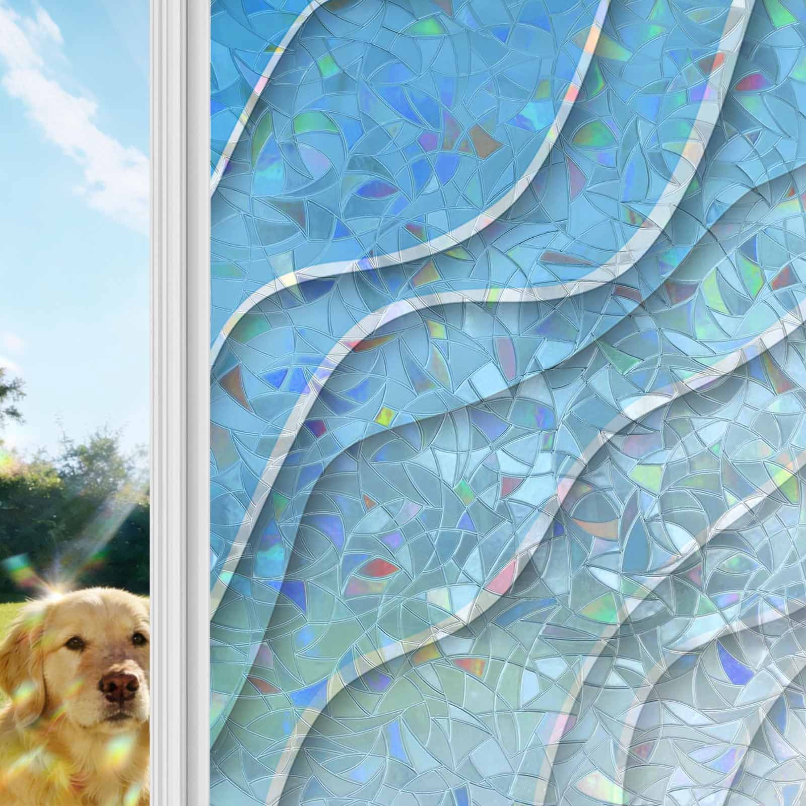 Blue Aqua Ombre Window Privacy Film Stain Glass,Reusable Decorative Rainbow Window Film,Modern Geometric Abstract Aesthetic Cream Static Cling Sun Blocking Stickers Decals Covers 23.6" x 59" (2pcs)