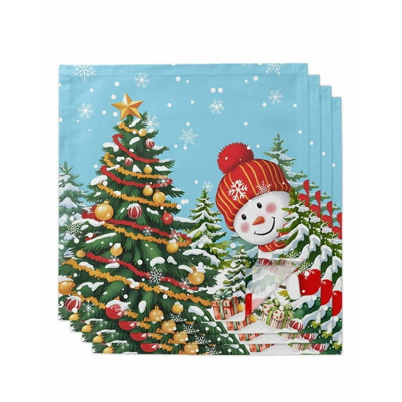 Blue Aqua Snowman Christmas Cloth Napkins Set of 4 Reusable Dinner Napkins, Xmas Tree Snowflake Cocktail Napkin Washable Table Napkins for Wedding/Holiday Party/Baby Shower 20"x20"