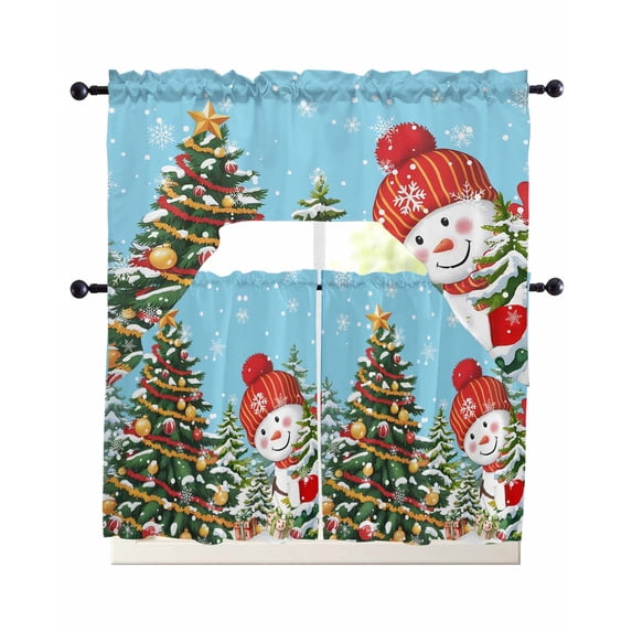 Blue Aqua Snowman Christmas Swag Curtains for Living Room/Bedroom Windows, Xmas Tree Snowflake Kitchen Curtains and Valances Set 36 Inch Length, Light Filtering Swags Valance Curtain Panels