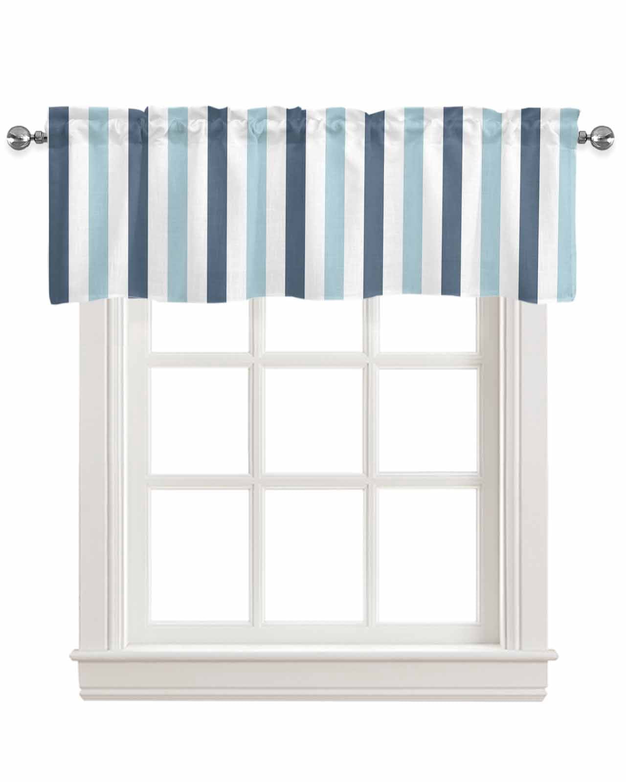Blue Aqua Striped Kitchen Valances for Windows Farmhouse Linen Window Valance Curtain for Living Room Window Treatment Farmhouse Stripe Art Valance Rod Pocket Topper Drape, 54 x 18 Inch